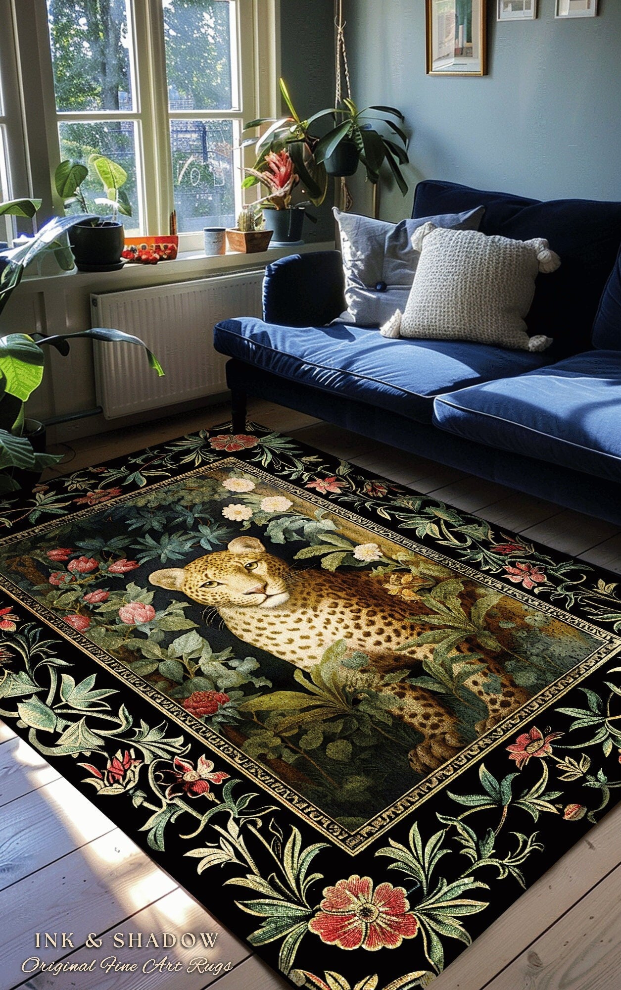 Whimsigoth Dark Floral Leopard Rug Dark Academia Decor | Maximalist Aesthetic Vintage Botanical Decor Animal Lovers Cottagecore Jungle Rug