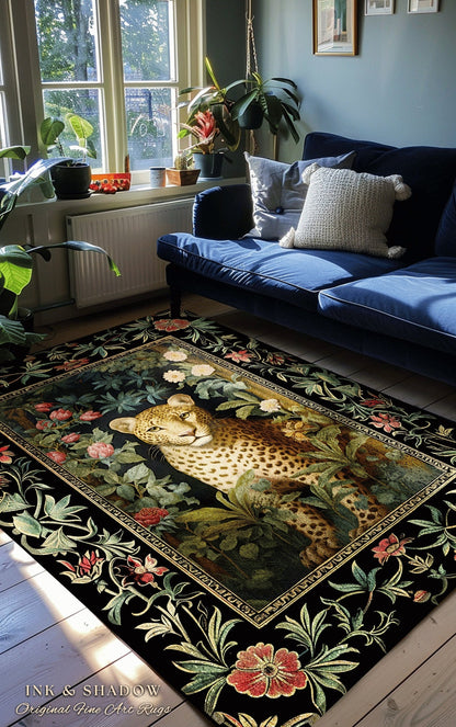 Jungle Aesthetic Area Rug | Nature Inspired Room Decor William Morris Style Aesthetic Fairycore Boho Bedroom Rug Ethereal Leopard Rug Floral