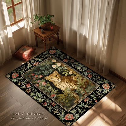 Whimsigoth Dark Floral Leopard Rug Dark Academia Decor | Maximalist Aesthetic Vintage Botanical Decor Animal Lovers Cottagecore Jungle Rug