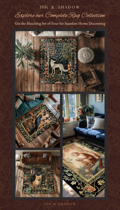 Crowcore Area Rug | Woodland Gothic Room Decor William Morris Inspired Cottagecore Aesthetic Dark Fairycore Bedroom Black Crow Raven