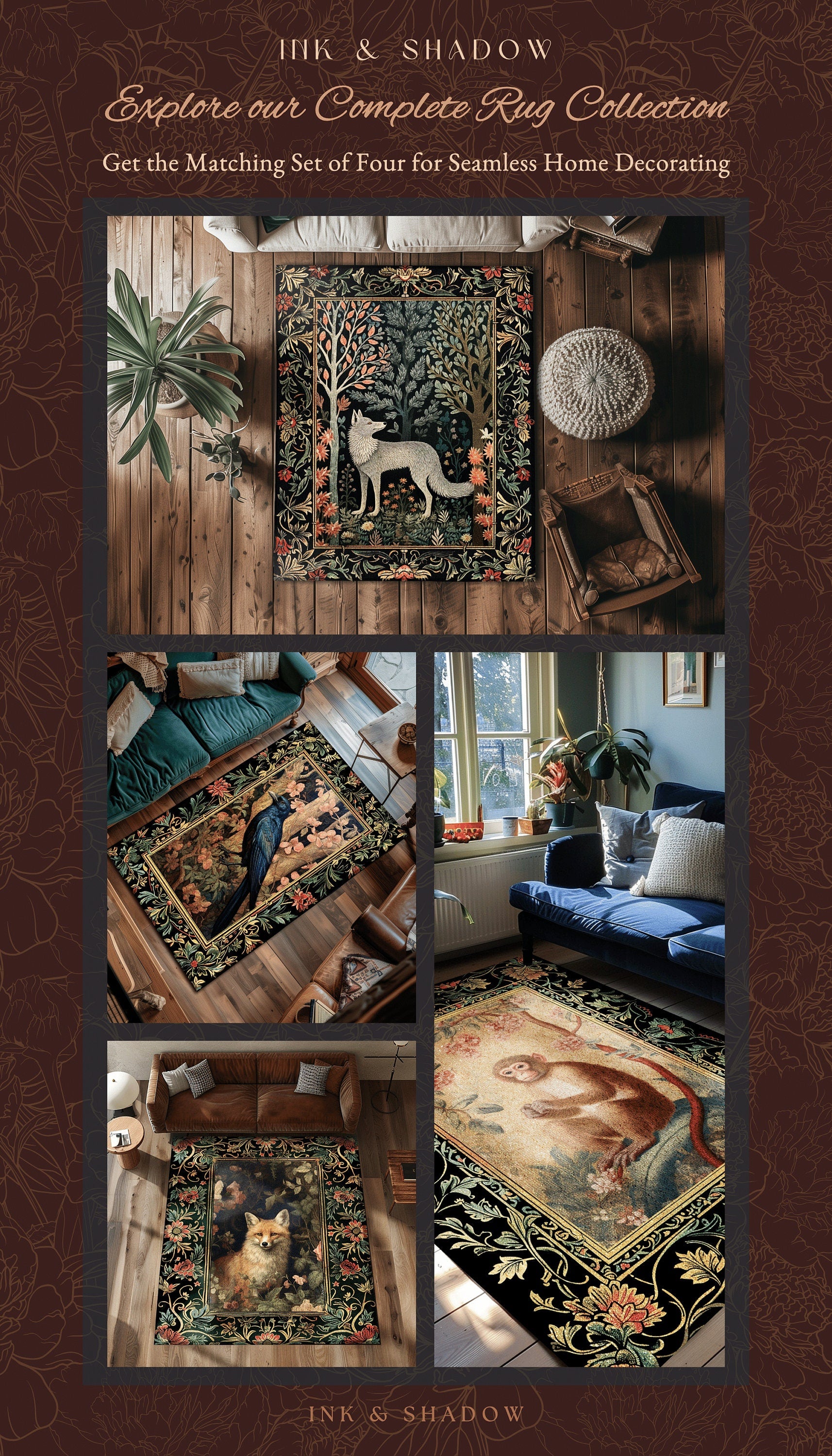 Woodland Gothic Floral Raven Room Decor William Morris Inspired Crowcore Area Rug Cottagecore Aesthetic Dark Fairycore Bedroom Boho Crow Rug