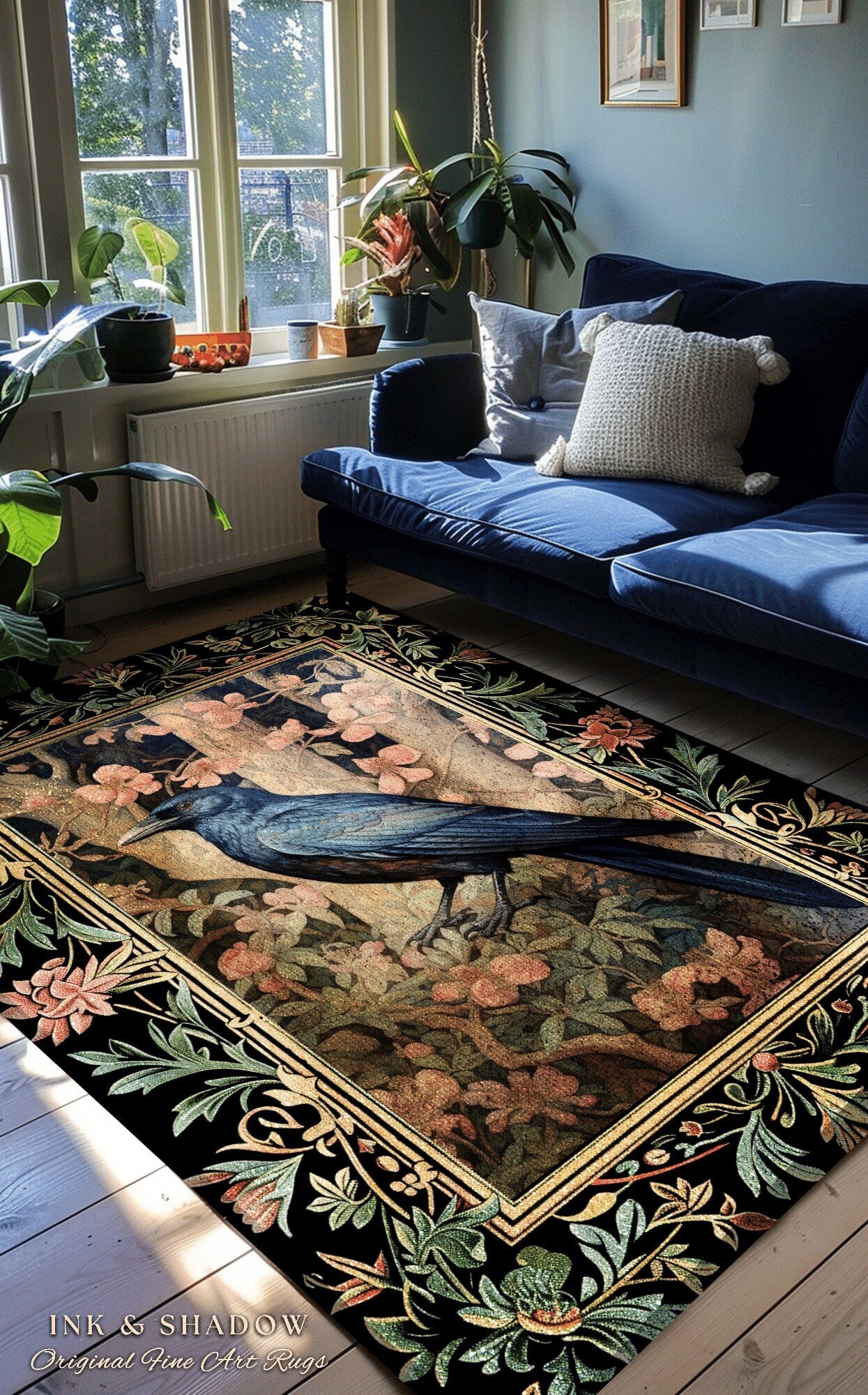 Woodland Gothic Floral Raven Room Decor William Morris Inspired Crowcore Area Rug Cottagecore Aesthetic Dark Fairycore Bedroom Boho Crow Rug