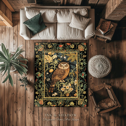 Eclectic Owl Area Rug | Whimsical Room Decor William Morris Inspired Forest Aesthetic Fairycore Boheme Bedroom Rug Floral Owl Decoration