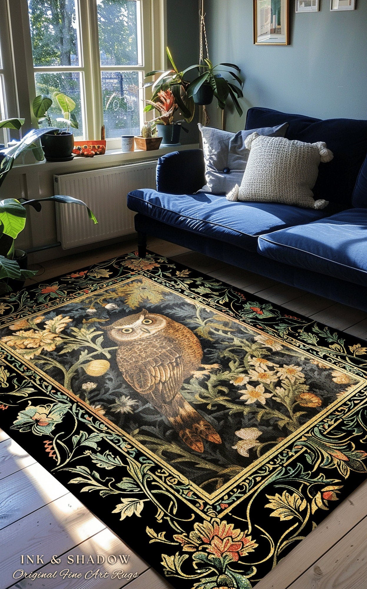 Eclectic Owl Area Rug | Whimsical Room Decor William Morris Inspired Forest Aesthetic Fairycore Boheme Bedroom Rug Floral Owl Decoration