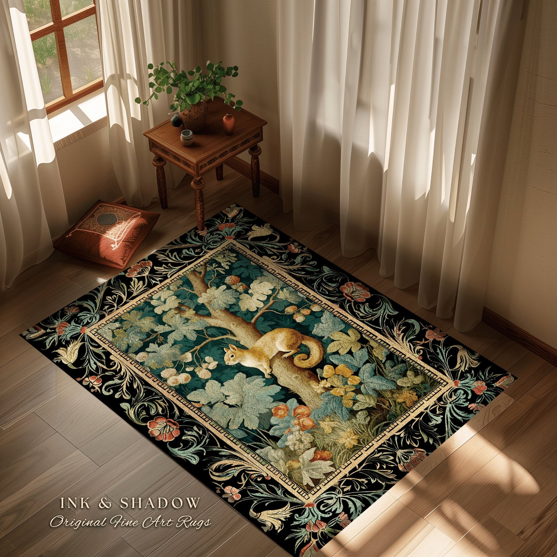 Forest Theme Decor Squirrel Botanical Morris Rug Woodland Cottagecore Reading Corner Decor Dark Fairycore Room Mystical Woodland Aesthetic