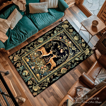 Mystical Deer Lovers Round Rug Vintage Floral Cottagecore Aesthetic Fairycore Decor | Magical Nature Inspired Woodland Forest Deer Art Rug
