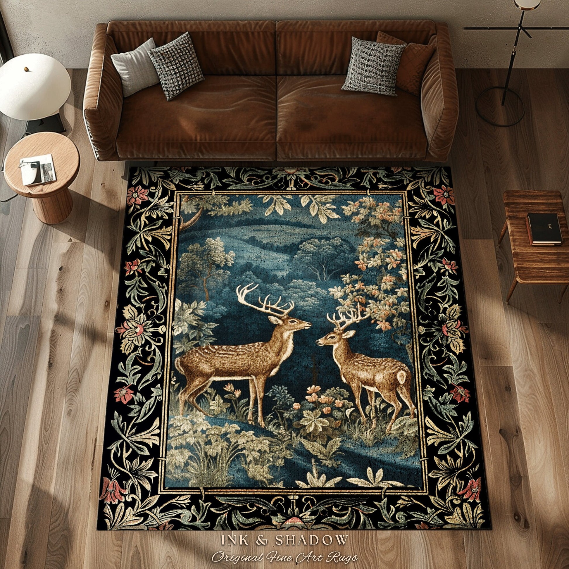 Enchanted Forest Deer Rug Round Vintage Aesthetic Dark Floral Woodland Gothic | Mystical Forestcore Folklore Fairy Grunge Nature Area Rug