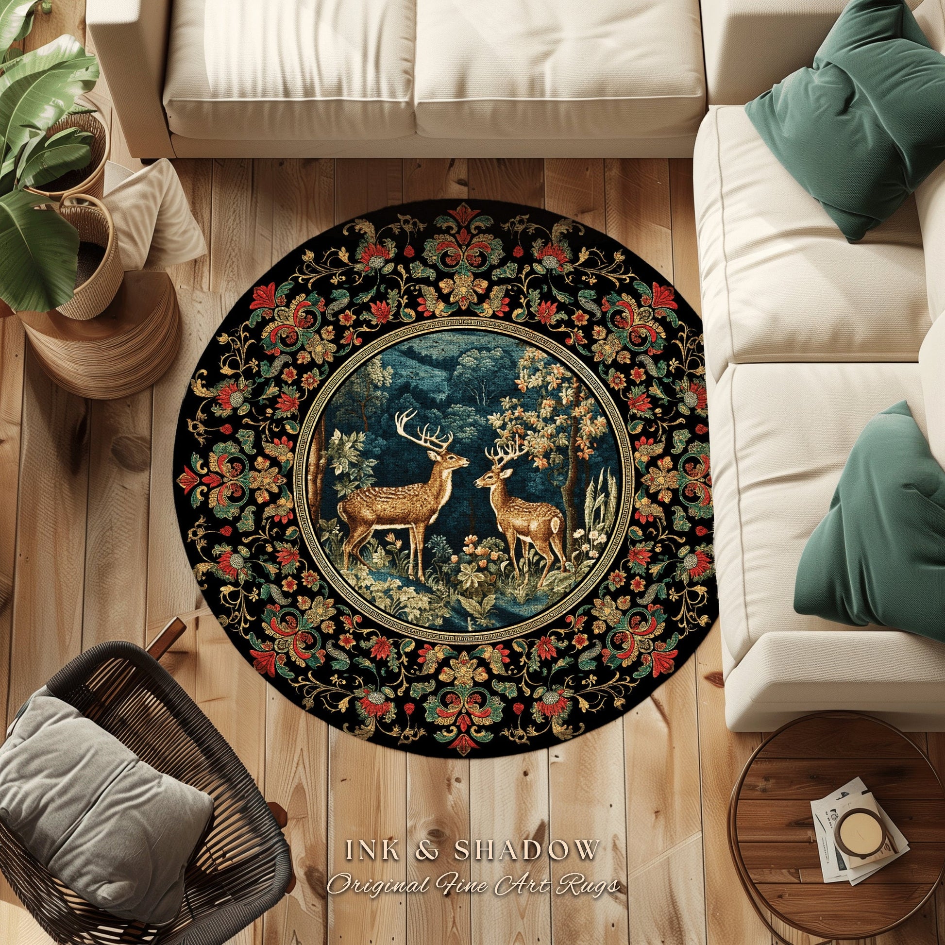 Enchanted Forest Deer Rug Round Vintage Aesthetic Dark Floral Woodland Gothic | Mystical Forestcore Folklore Fairy Grunge Nature Area Rug