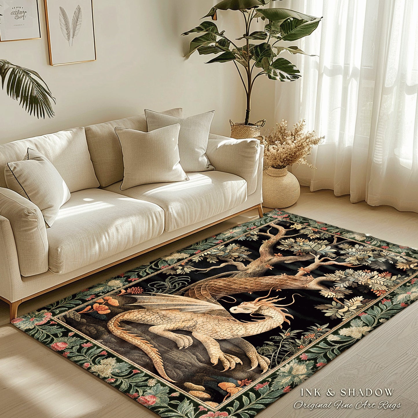 Dark Medieval Dragon Aesthetic Rug | Folklore Room Decor Fairytale Inspired DnD Gift Dark Cottagecore Fairycore Mystical Game Room Decor