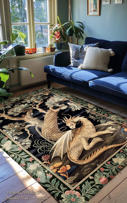 Dark Medieval Dragon Aesthetic Rug | Folklore Room Decor Fairytale Inspired DnD Gift Dark Cottagecore Fairycore Mystical Game Room Decor