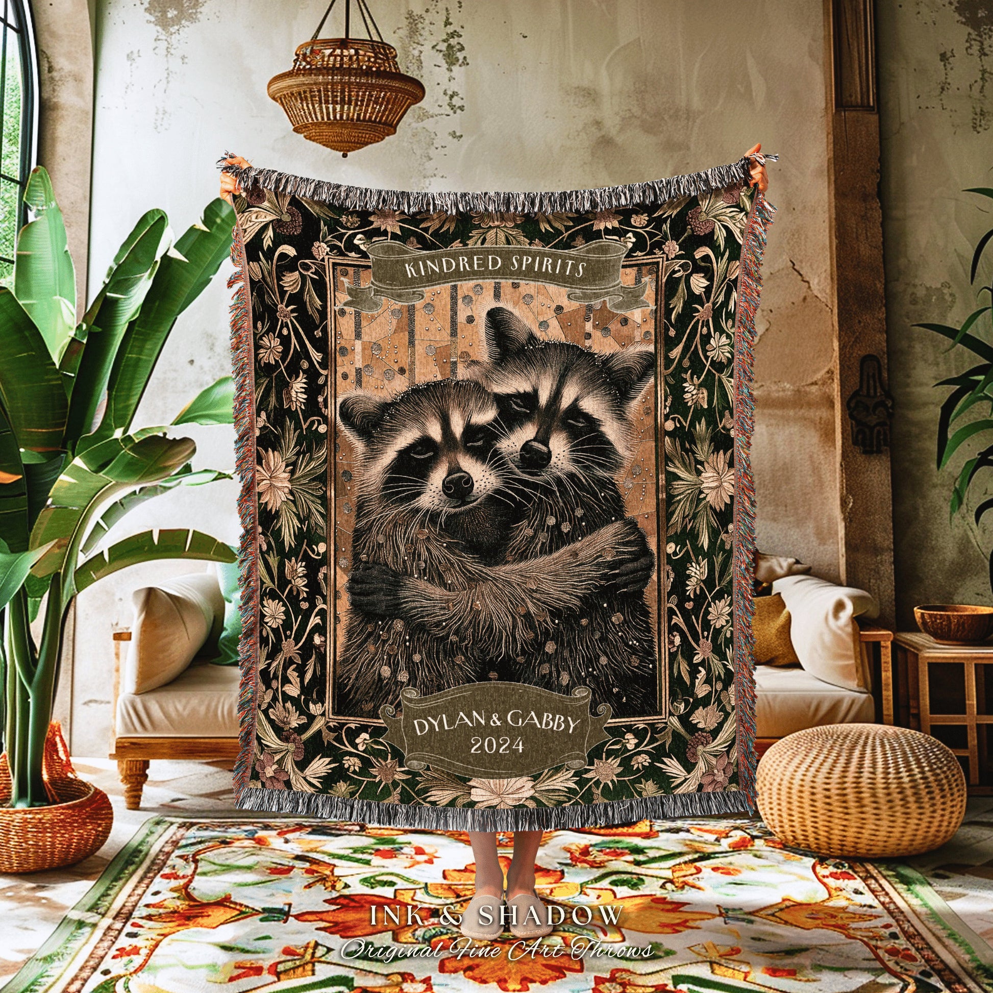 Raccoon Couple Woven Blanket | Cottagecore Woven Throw Custom Girlfriend Gift for Raccoon Lover Personalized Dark Academia Gothic Floral |