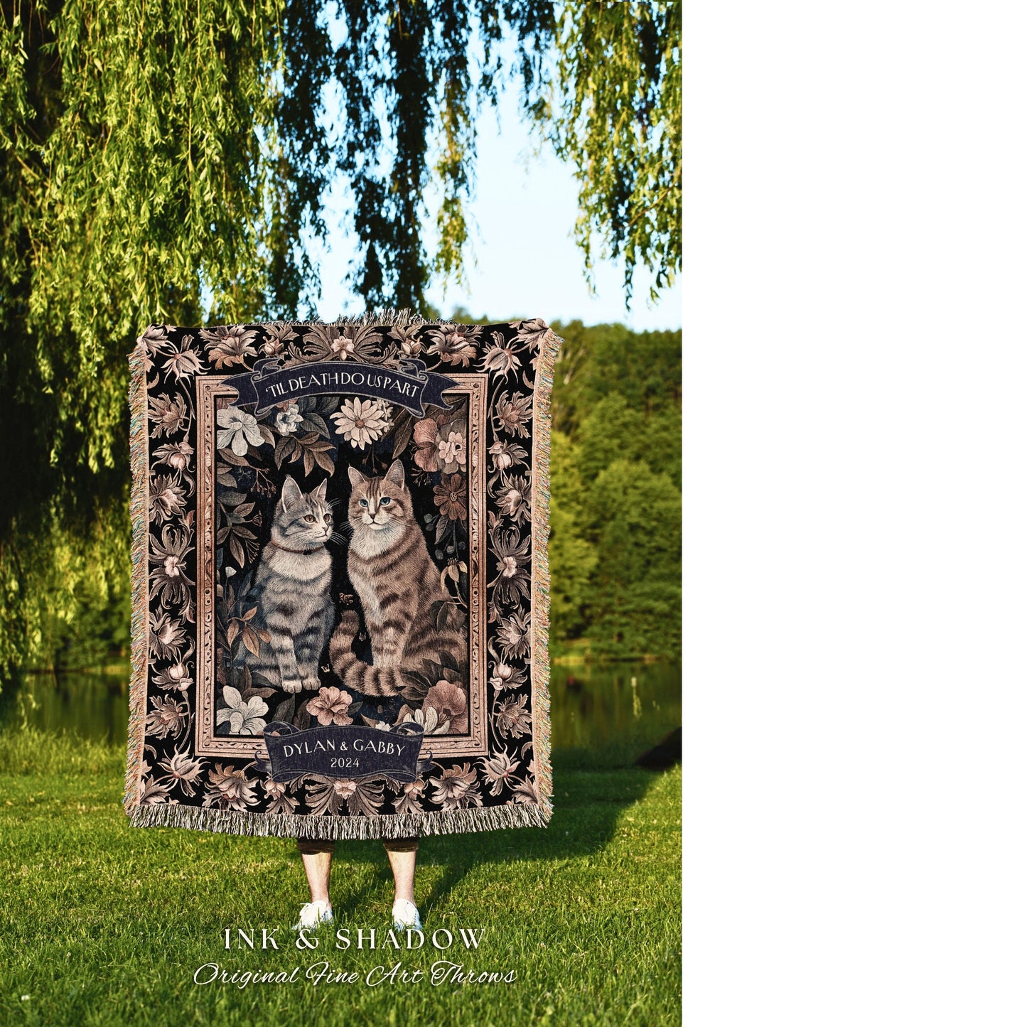 Romantic Floral Couple Blanket | Personalized Victorian Gothic Dark Academia Aesthetic Woven Throw Custom His & Hers Gift for Cat Lover Boho