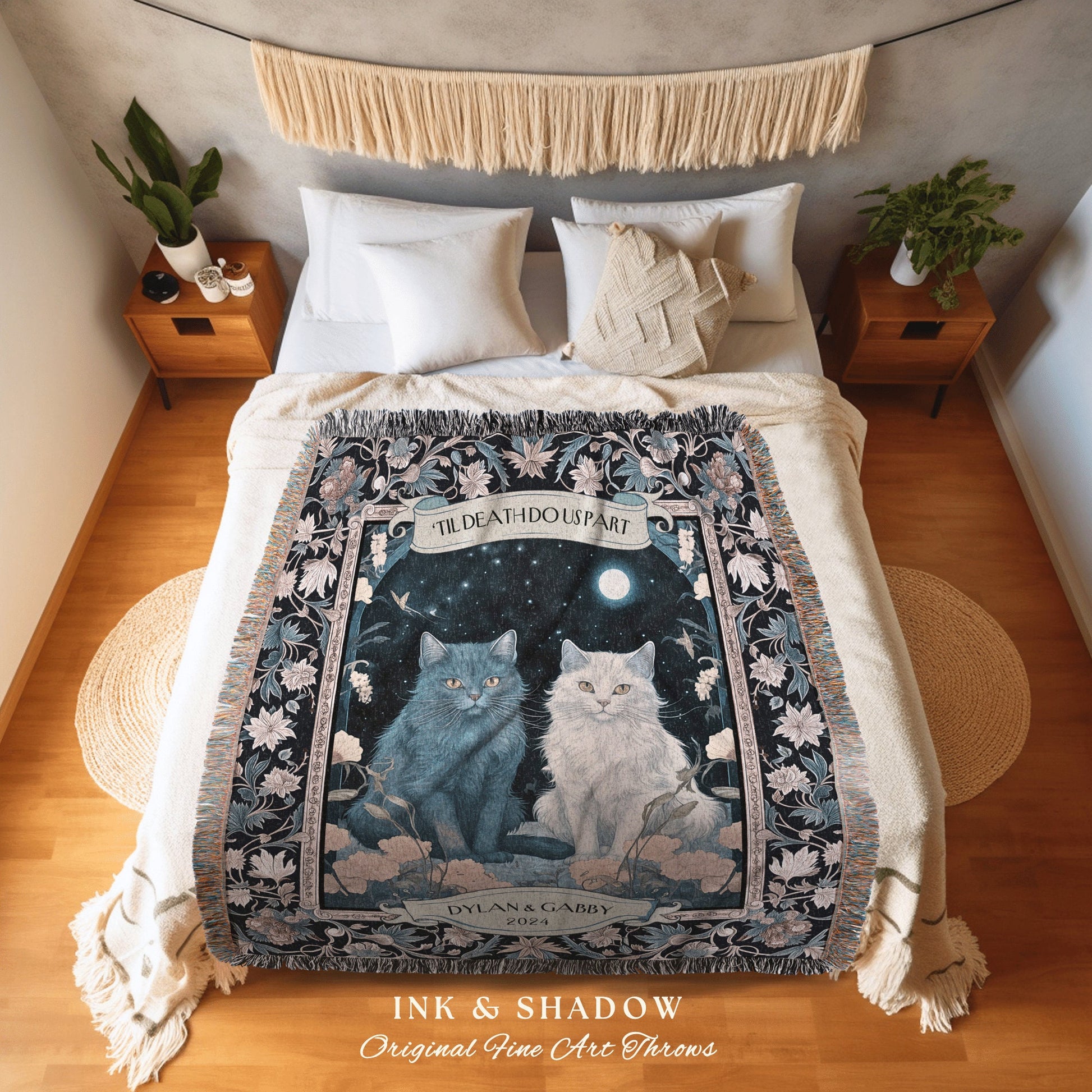 Lovers Blanket Custom Name Gift | Victorian Aesthetic Woven Throw Gift for Cat Lover Personalized Dating First Anniversary Sentimental |