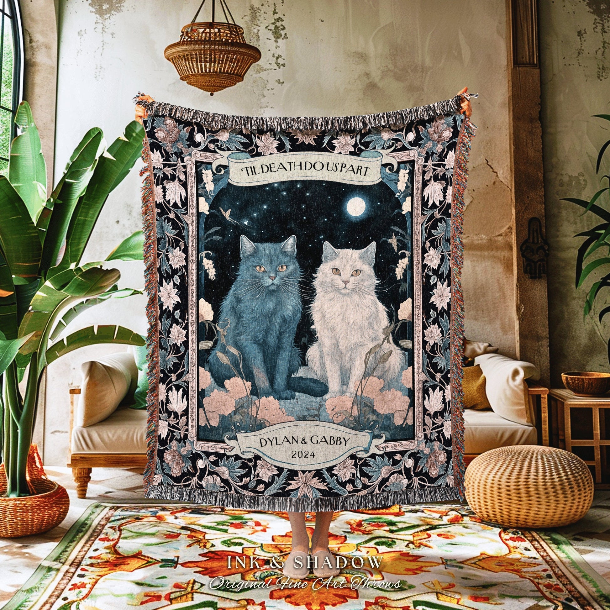 Lovers Blanket Custom Name Gift | Victorian Aesthetic Woven Throw Gift for Cat Lover Personalized Dating First Anniversary Sentimental |