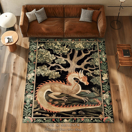 Mystic Medieval Dragon Area Rug | Gothic Home Decor Fairycore Bedroom Magical Aesthetic Maximalist Gift for Goths Woodland Dragon Lover Gift