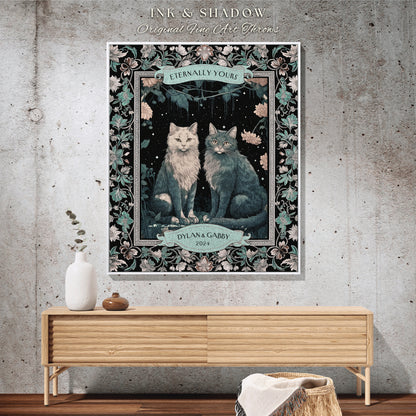 Mystic Wedding Blanket Personalized Tapestry | Victorian Aesthetic Woven Throw Blanket Gift for Cat Lover Custom Dating Anniversary Gothic |