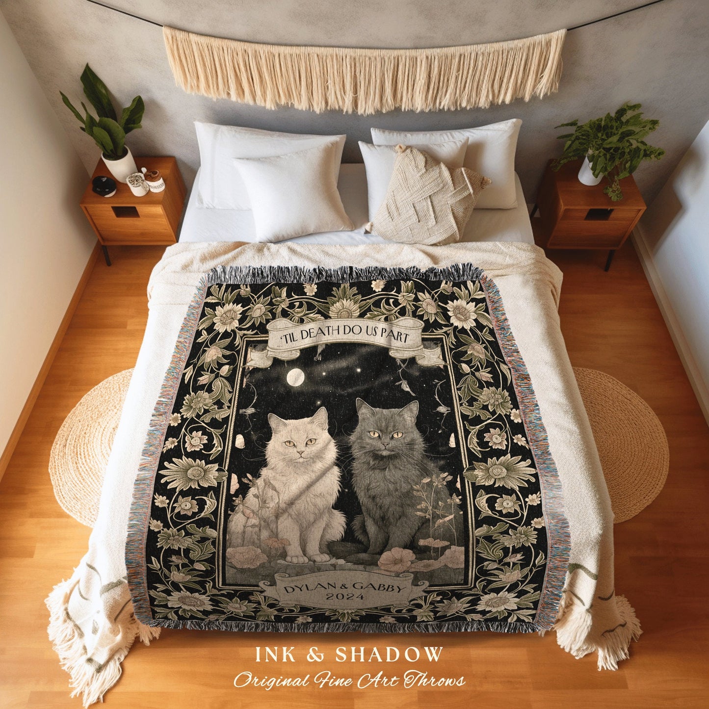 Til Death do us Part Couple Blanket Custom | Dark Academia Aesthetic Woven Throw Custom His & Hers Gift for Cat Lover Personalized Tapestry