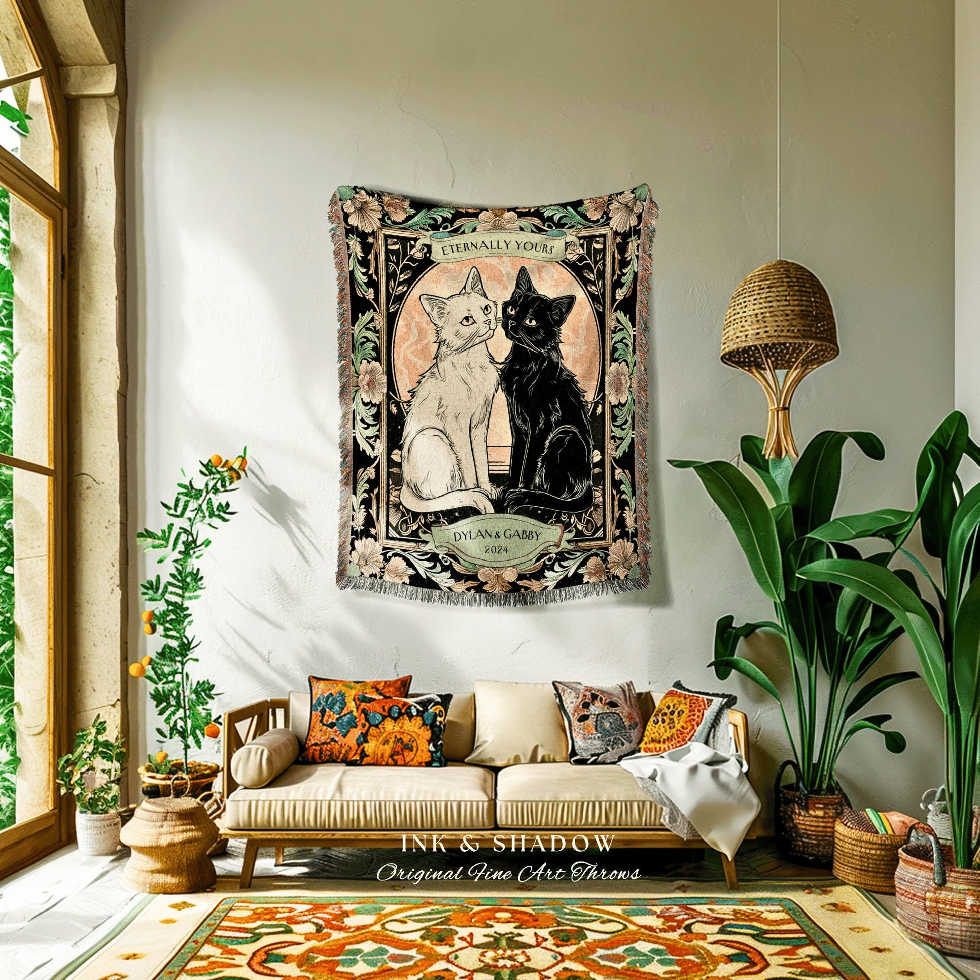 Retro Gothic Cat Couple Custom Tapestry | Vintage Witchy Aesthetic Woven Throw Custom His & Hers Tarot Gift for Cat Lover Personalized |