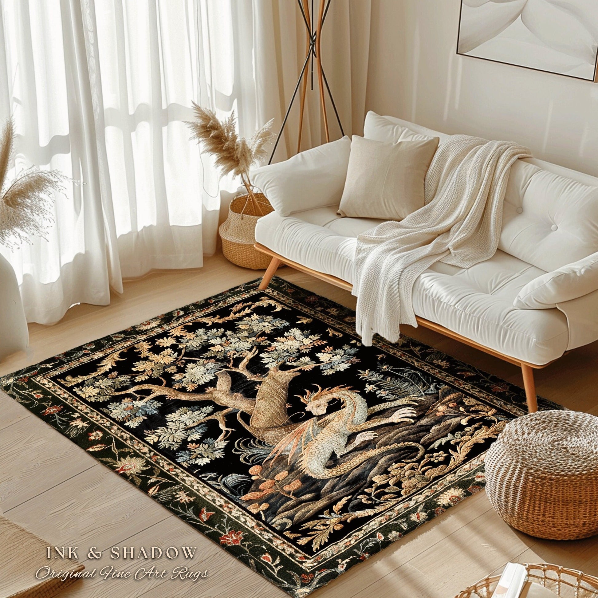 Dragon Aesthetic Botanical Rug | Dark Academia Room Decor Fairytale Inspired Nursery Gift Dark Cottagecore Fairycore Mystical Game Room Rug