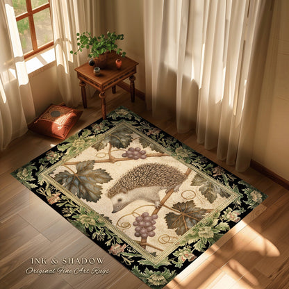 Mystic Botanical Hedgehog Rug | Whimsical Woodland Victorian Accent Rug Cozy Book Nook Cottagecore Rustic Bedroom Gift for Hedgehog Lover |