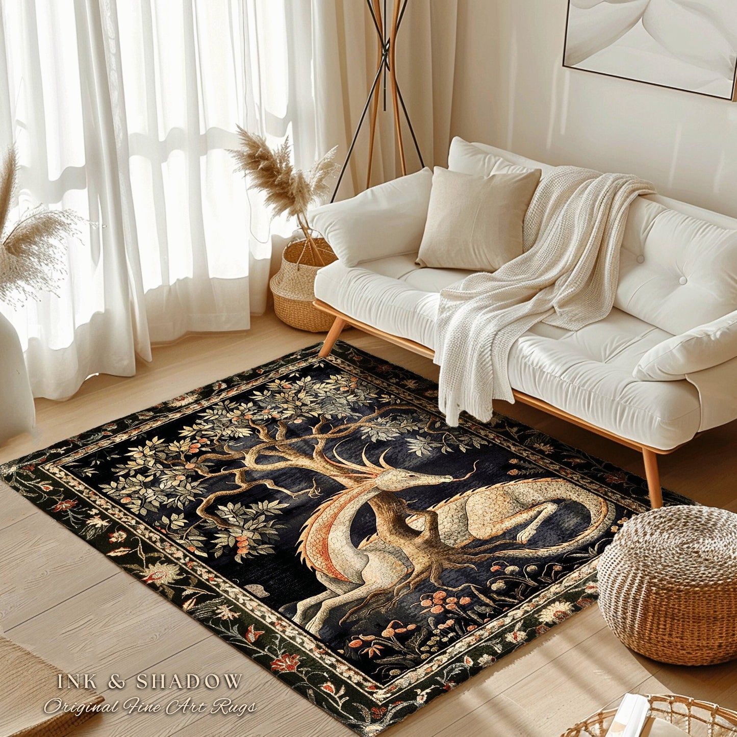 Forest Spirit Round Area Rug | Dark Cottagecore Gothic Book Nook Decor Fairy Core Bedroom Magical Dragon Aesthetic Maximalist Game Room Rug