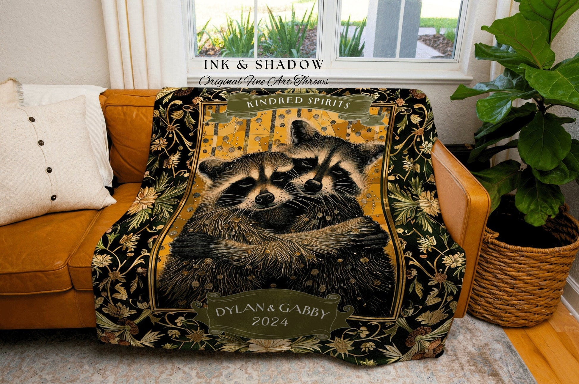 Raccoon Couple Woven Blanket | Cottagecore Woven Throw Custom Girlfriend Gift for Raccoon Lover Personalized Dark Academia Gothic Floral |