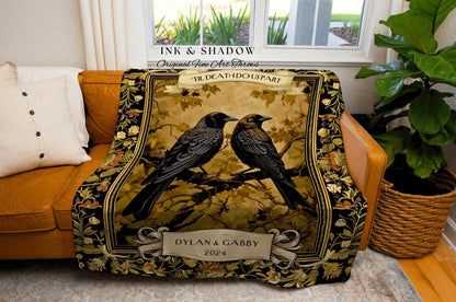 Golden Aesthetic Raven Couple Blanket | Crow Core Couple Dark Academia Aesthetic Woven Throw Custom Name Gift Goth Tapestry Witchy Decor |