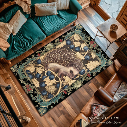 Victorian Gothic Hedgehog Rug | Dark Woodland Autumn Aesthetic Cozy Cottagecore Book Nook Accent Rug Dark Fairycore Room Hedgehog Lover |