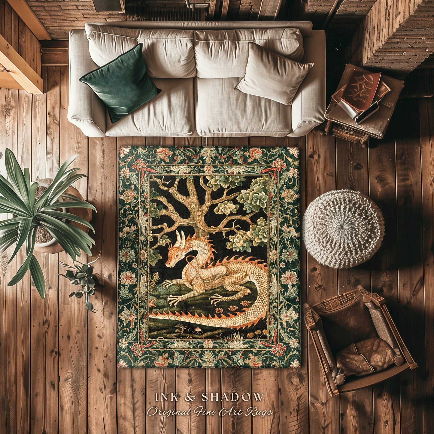 Enchanted Woods Dragon Rug | Medieval Aesthetic Fairytale Nursery Decor Morris Style Cottagecore Fairycore Bedroom Mystical Woodland Dragon