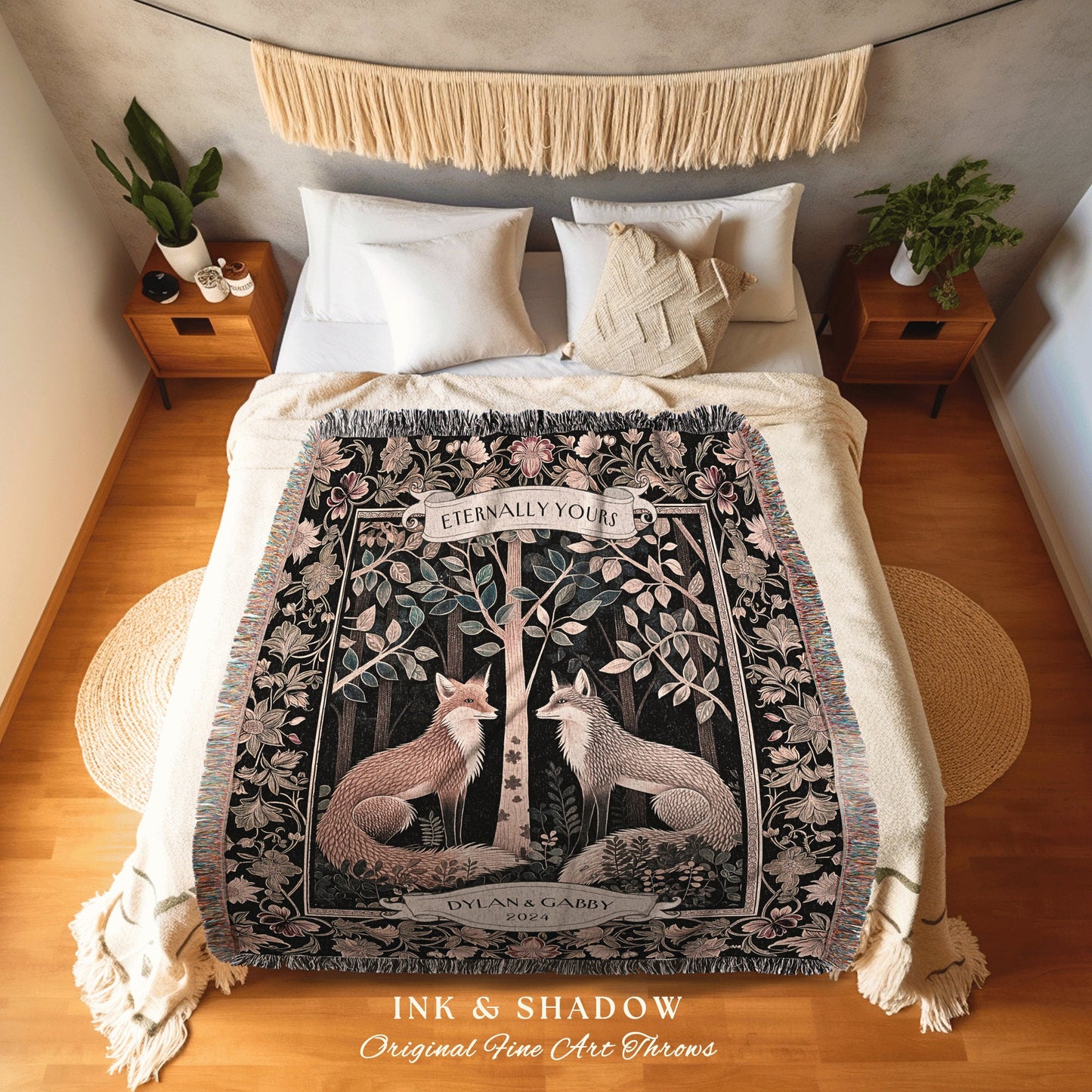 Scandinavian Fox Custom Couples Blanket | Woodland Wedding Gothic Fox Blanket Cute Couples Tapestry Personalized Dating Anniversary Blanket