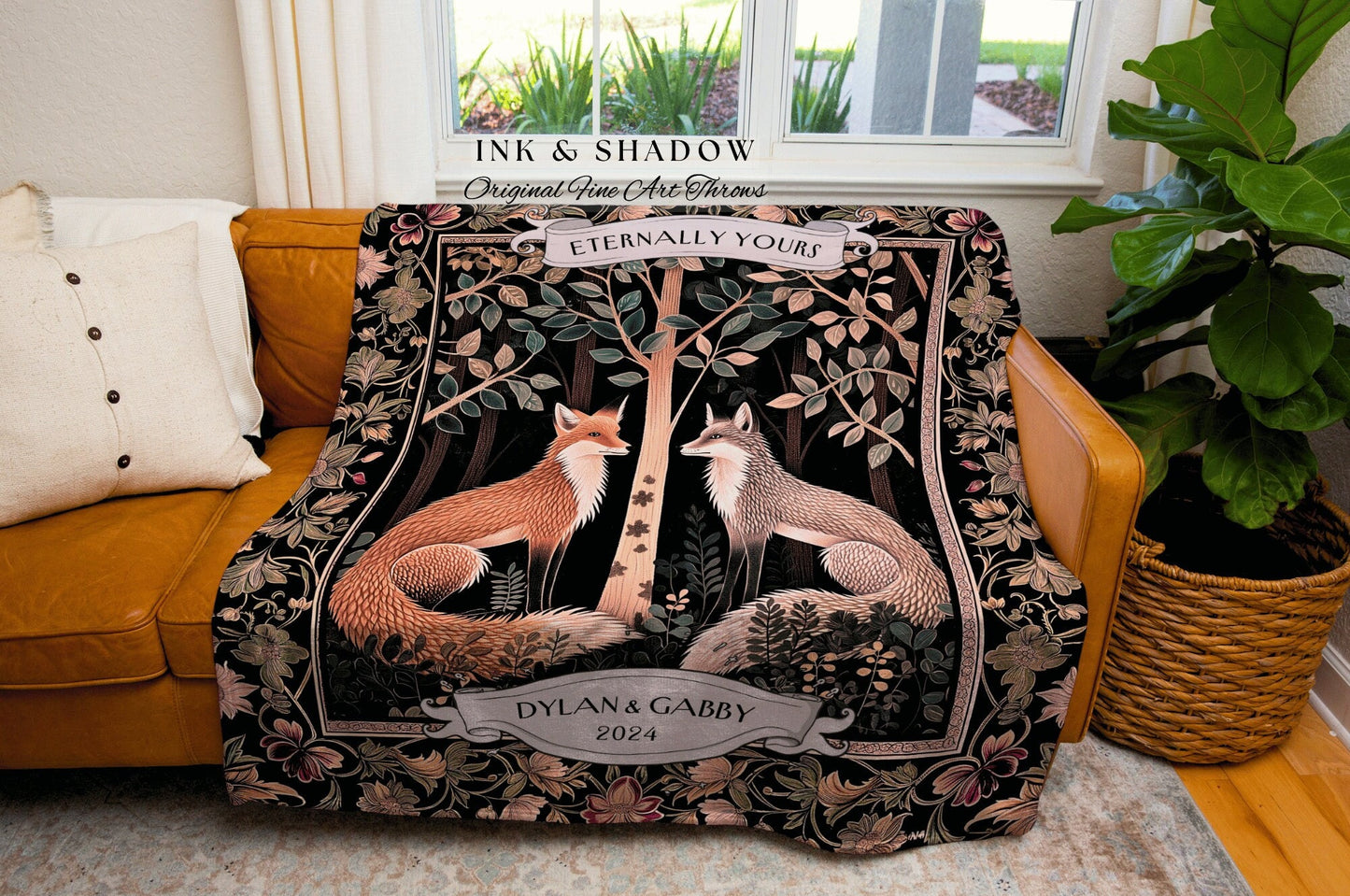 Scandinavian Fox Custom Couples Blanket | Woodland Wedding Gothic Fox Blanket Cute Couples Tapestry Personalized Dating Anniversary Blanket