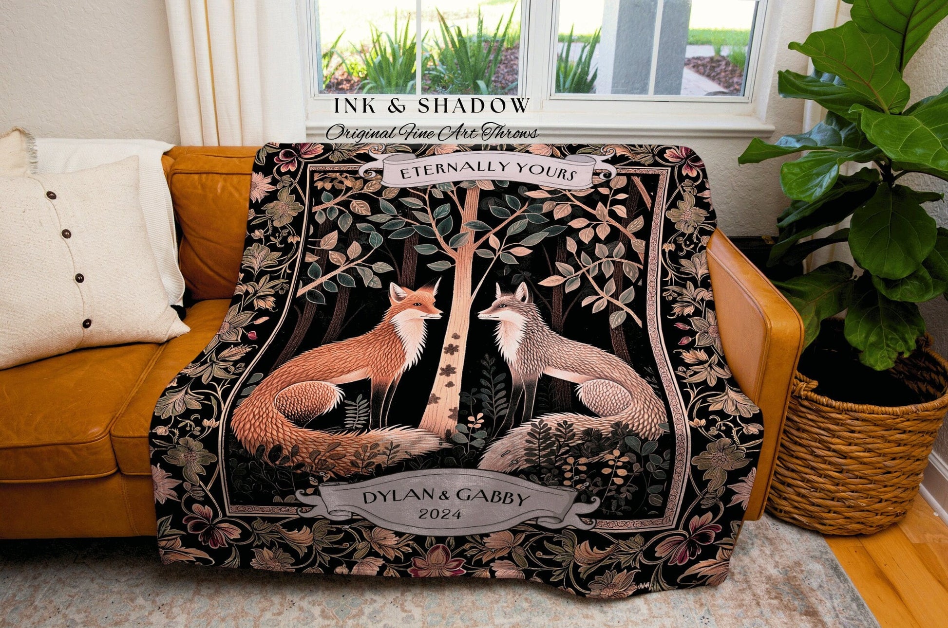 Scandinavian Fox Custom Couples Blanket | Woodland Wedding Gothic Fox Blanket Cute Couples Tapestry Personalized Dating Anniversary Blanket