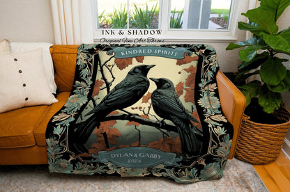 Kindred Spirits Raven Couple Woven Throw | Crow Core His & Hers Dark Academia Aesthetic Anniversary Blanket Custom Name Gift Gothic Tapestry