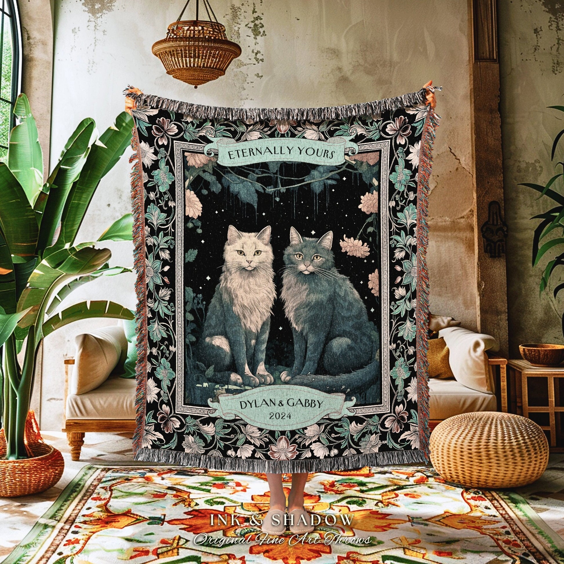 Mystic Wedding Blanket Personalized Tapestry | Victorian Aesthetic Woven Throw Blanket Gift for Cat Lover Custom Dating Anniversary Gothic |