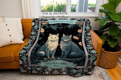 Mystic Wedding Blanket Personalized Tapestry | Victorian Aesthetic Woven Throw Blanket Gift for Cat Lover Custom Dating Anniversary Gothic |