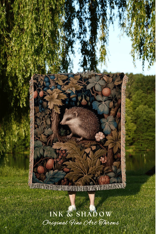 Hedgehog Comfort Blanket Cottagecore | Forestcore William Morris Inspired Fairycore Aesthetic Mystical Decor Woven Victorian Woodland Throw