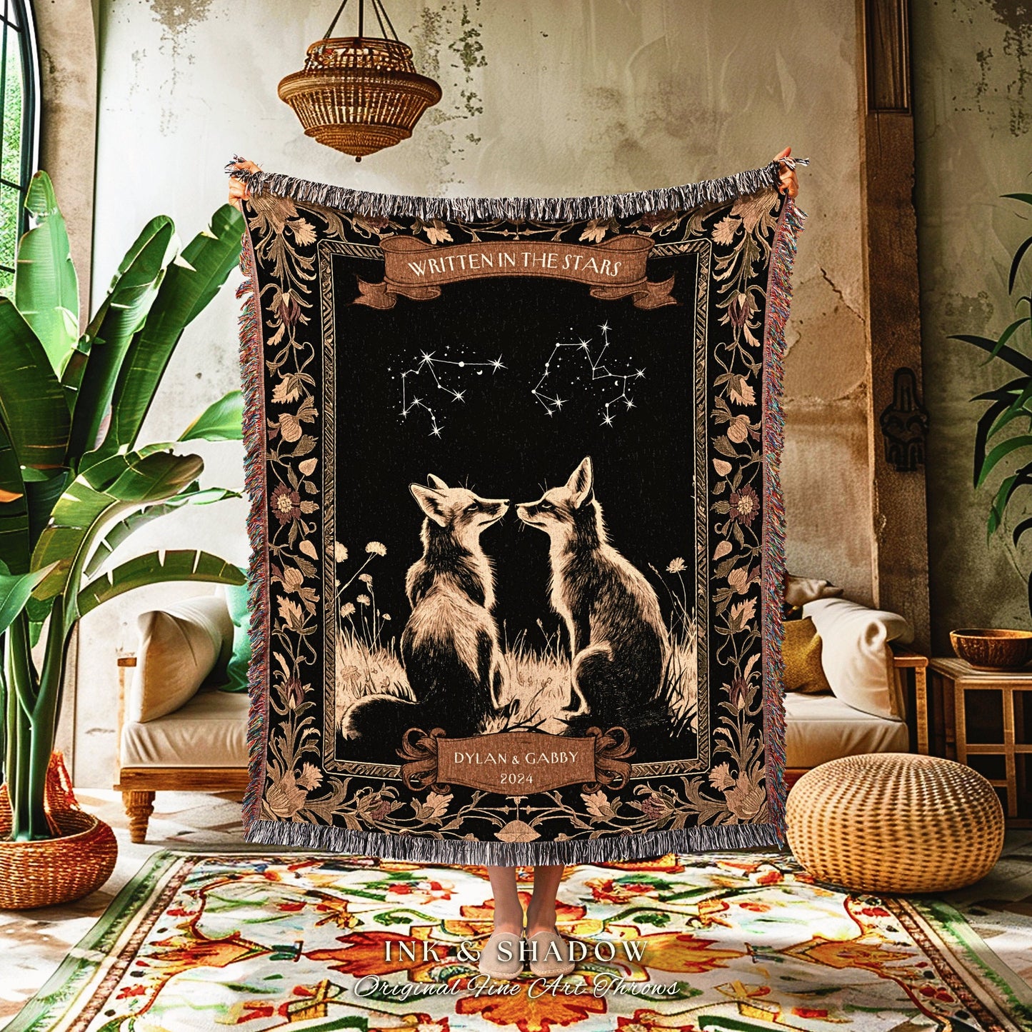 Personalized Constellation Couple Blanket | Celestial Wedding Tapestry Woven Throw Fox Blanket Couples Astrology Personalized Woodland Throw