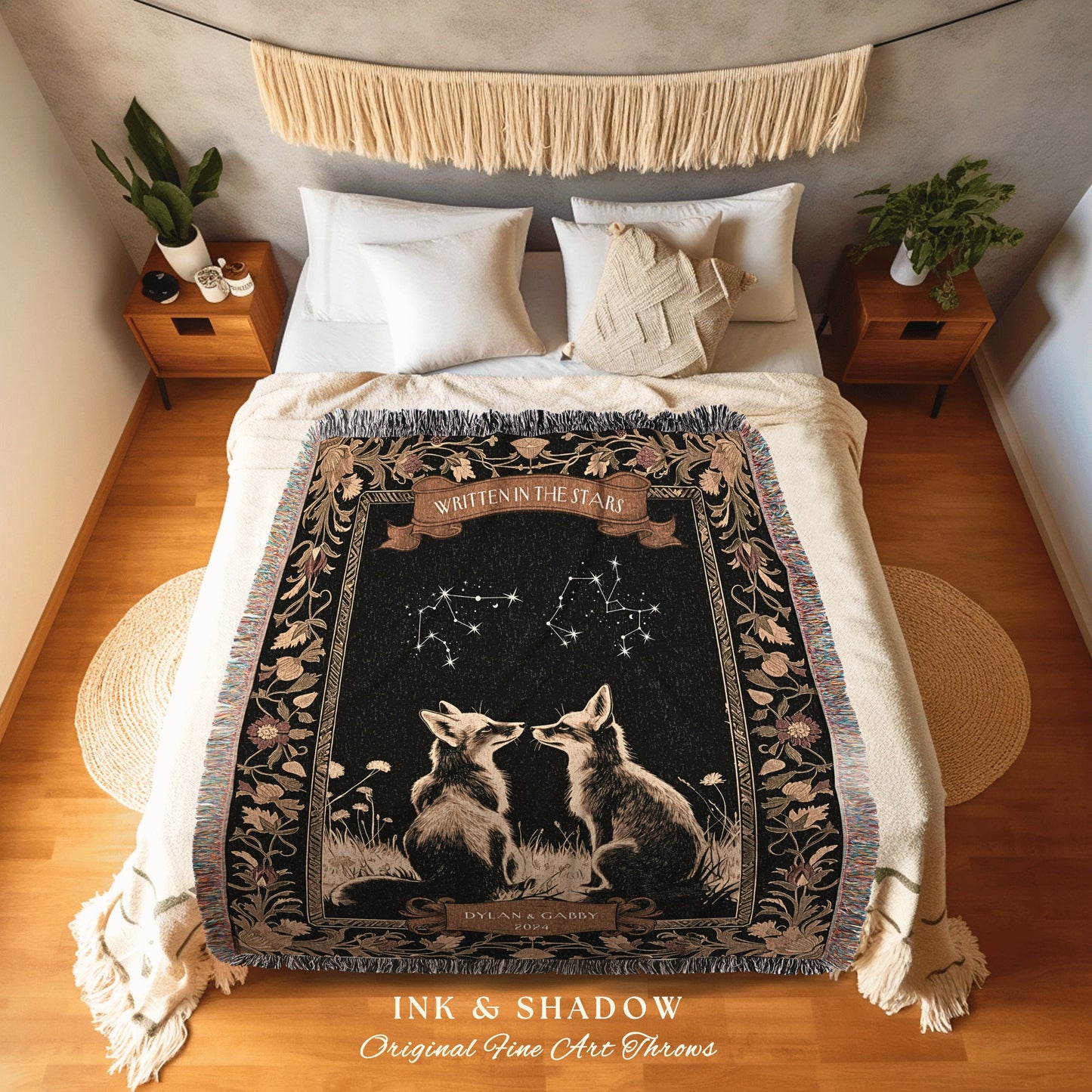 Personalized Constellation Couple Blanket | Celestial Wedding Tapestry Woven Throw Fox Blanket Couples Astrology Personalized Woodland Throw