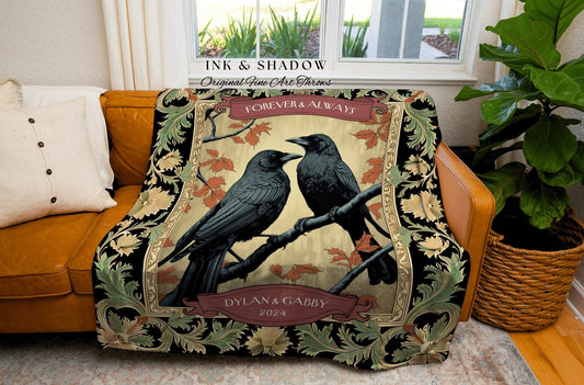 Dark Academia Crow Couple Cozy Throw | Crow Core Aesthetic Witchy Blanket Woven Custom Name Gift Tapestry Victorian Gothic Dark Floral |