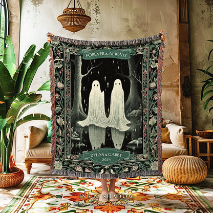 Custom Ghost Friends Blanket Custom Names | Dark Academia Custom Ghost Couple Tapestry Woven Throw His & Her Gift for Girlfriend Thoughtful