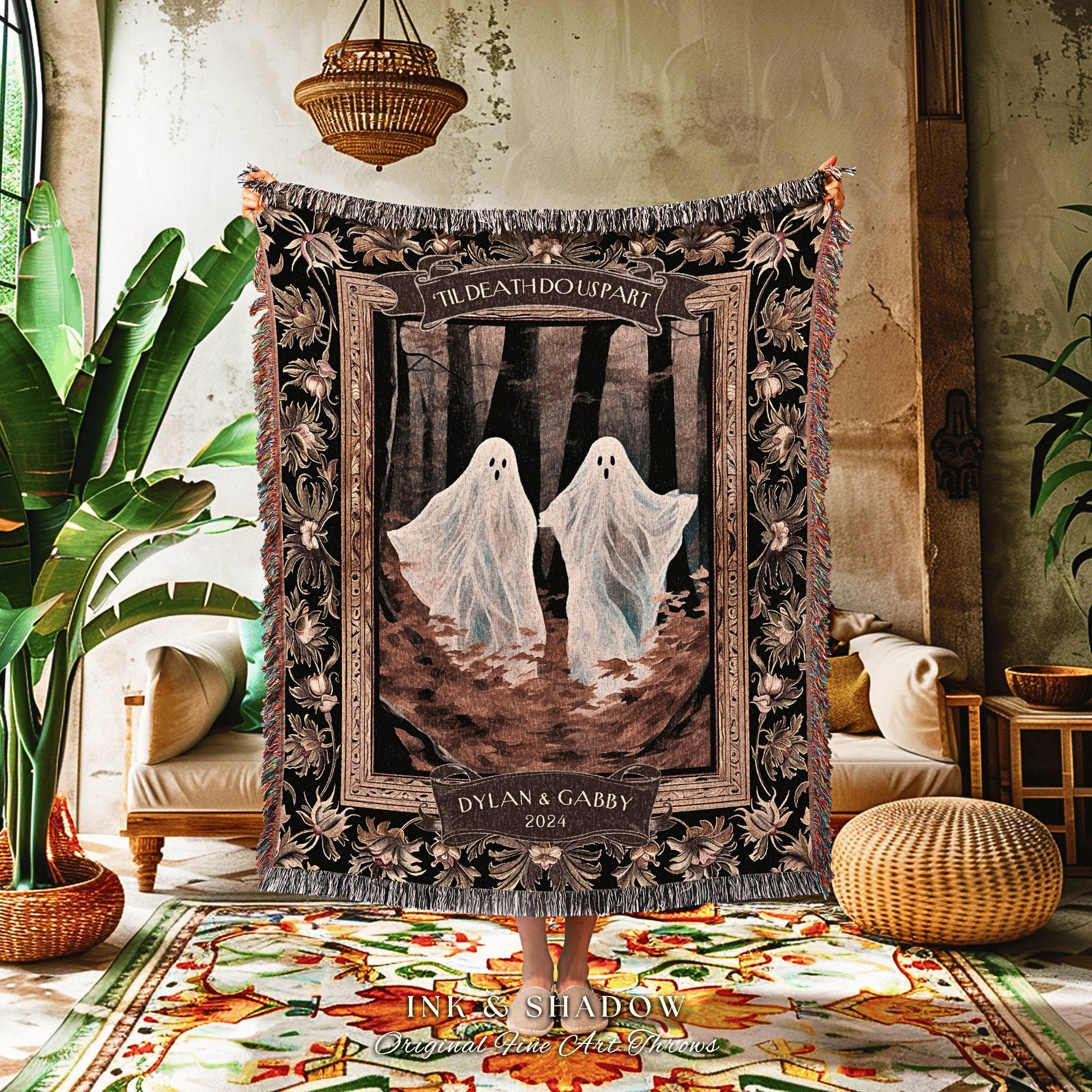 Ghost Friends Personalized Tapestry Blanket | Kindred Spirits Personalized Gothic BFF Blanket Woven Ghost Gift for Bestie Whimsigoth Decor |