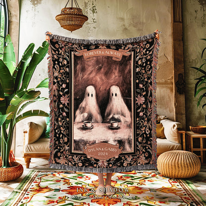 Dark Academia Ghost Couple Custom Throw | Personalized Lovers Blanket Woven Throw His & Her Names Gift for Cotton Anniversary Thoughtful |