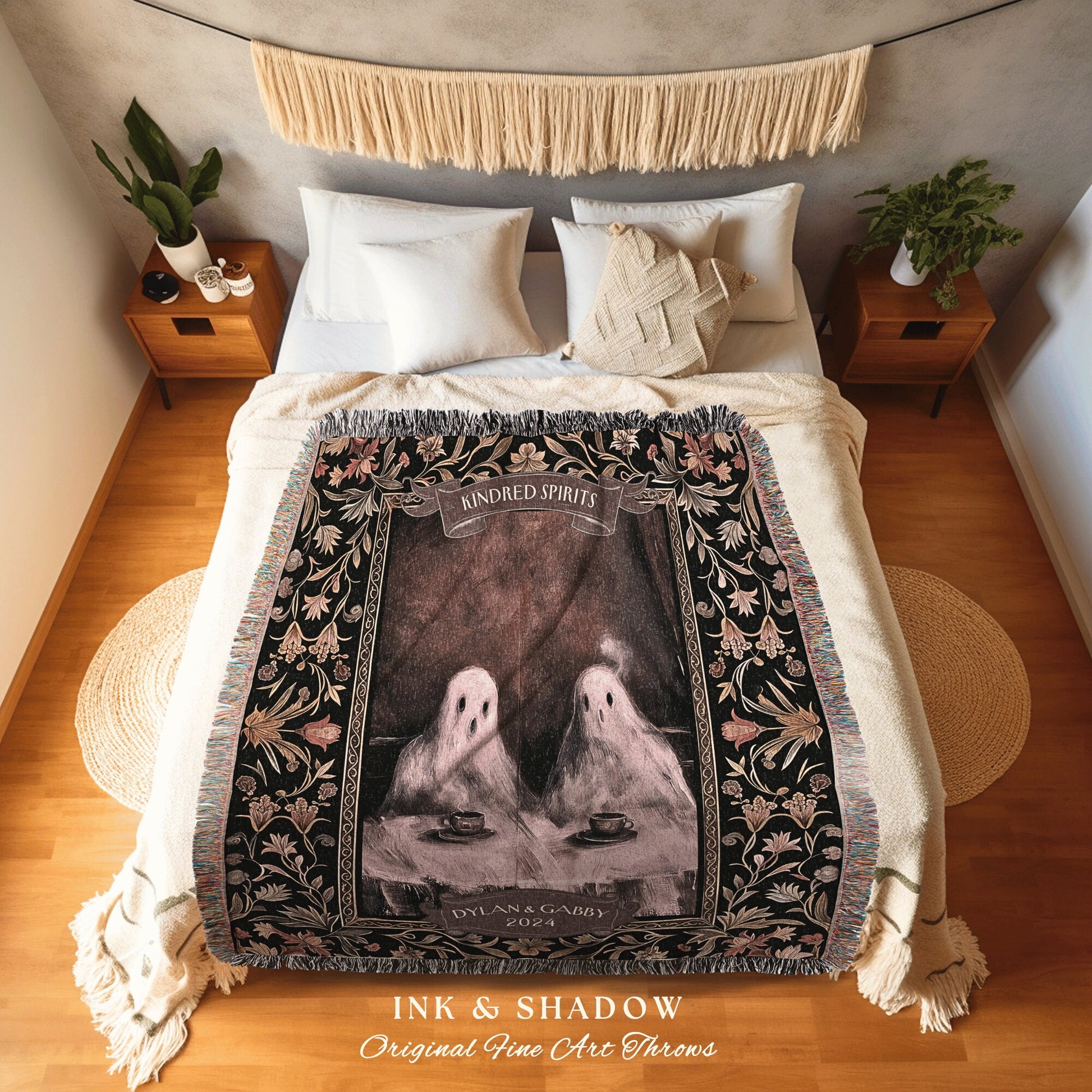 Witchy Ghost Friends 'Kindred Spirits' Blanket | Custom Gothic Best Friend Tapestry Woven Throw Whimsigoth Personalized Gifts for Bestie |