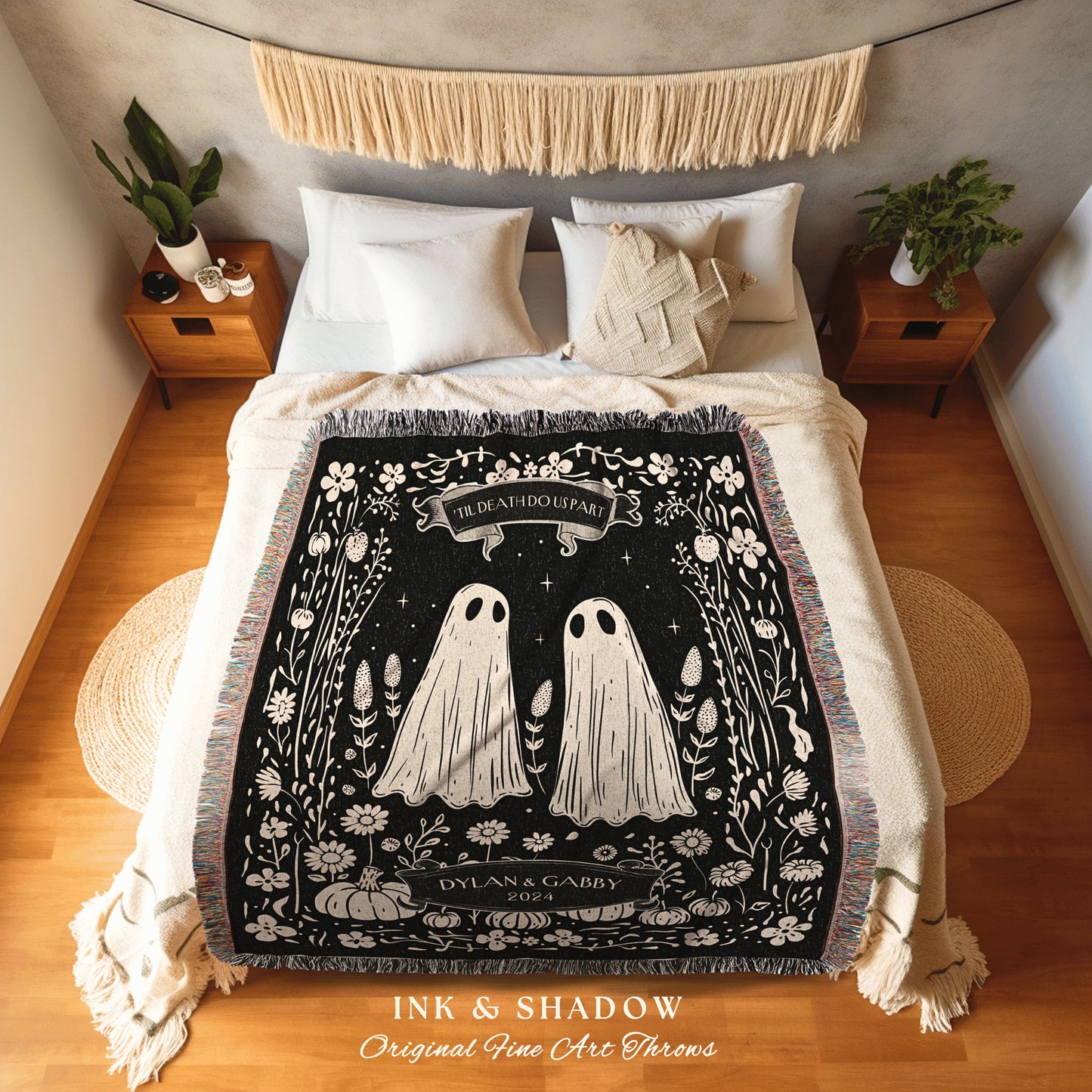 Spooky Ghost Couple Anniversary Blanket | Personalized Gothic Wedding Blanket Woven Ghost Gifts His & Hers Anniversary Gift for Wife Custom