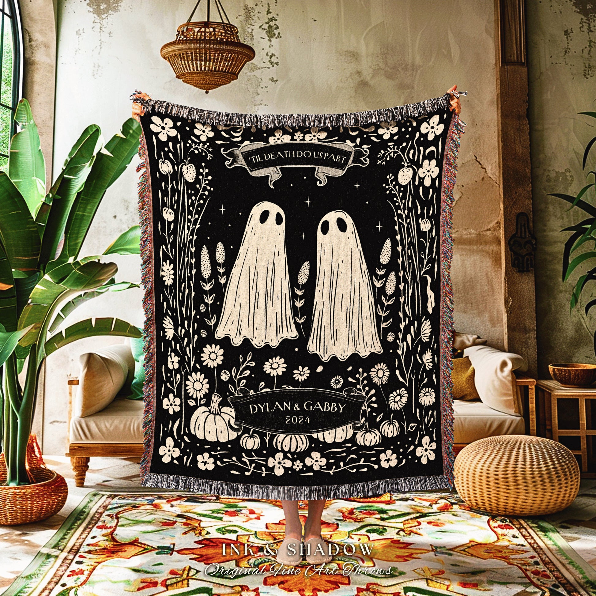 Spooky Ghost Couple Anniversary Blanket | Personalized Gothic Wedding Blanket Woven Ghost Gifts His & Hers Anniversary Gift for Wife Custom