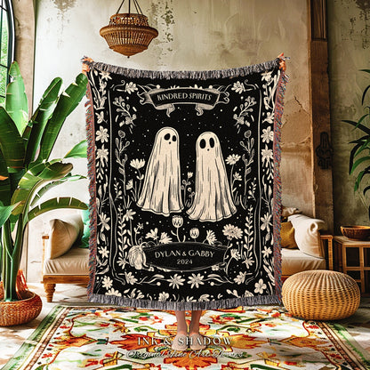 Cozy Folklore Ghost Couple Blanket | Personalized Dark Cottagecore Custom Ghost Lovers Tapestry Woven Throw His & Her Gift for Wife Cute |