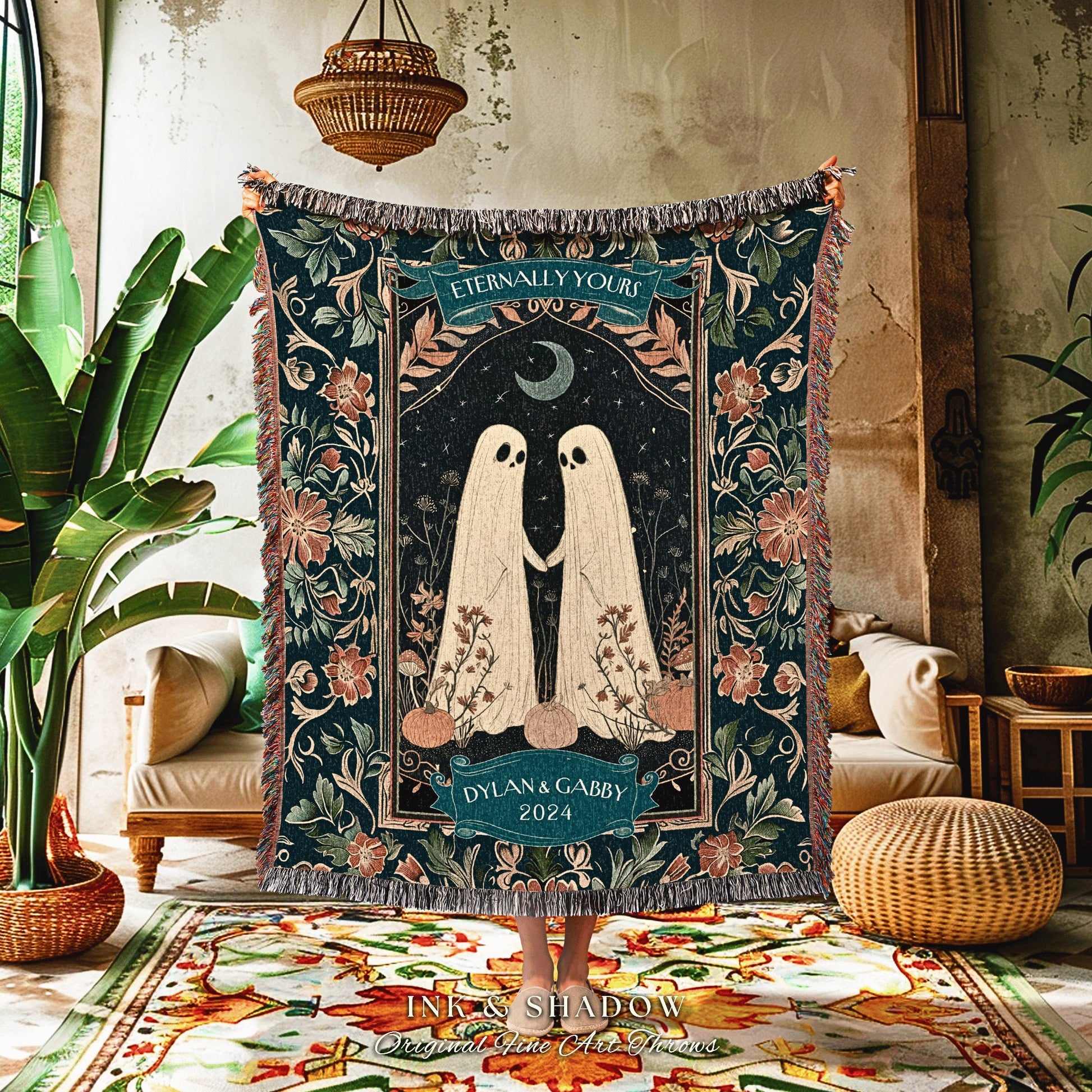 Mr & Mrs Ghost Couple Wedding Tapestry | Woodland Gothic Personalized Blanket Folklore Aesthetic Wedding Gift Ghost Gift For Girlfriend |