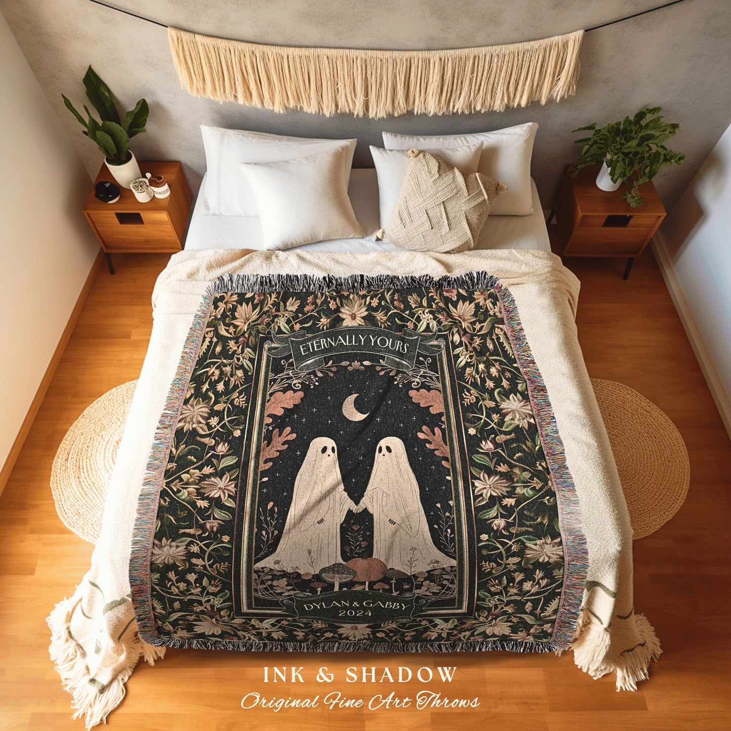 Whimsigoth Ghost Couple Custom Blanket | Kindred Spirit Personalized Gothic Wedding Blanket Woven Ghost Gift for Girlfriend Gothic Aesthetic