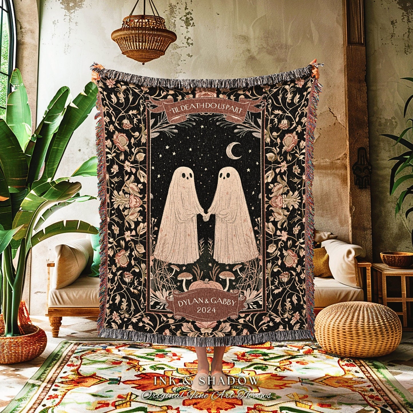 Celestial Ghost Couple Anniversary Blanket | Kindred Spirits Personalized Gothic Wedding Blanket Woven Ghost Gifts His & Hers Custom Gifts |