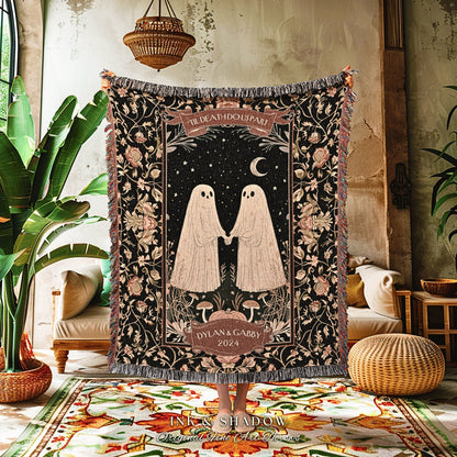 Celestial Ghost Couple Anniversary Blanket | Kindred Spirits Personalized Gothic Wedding Blanket Woven Ghost Gifts His & Hers Custom Gifts |